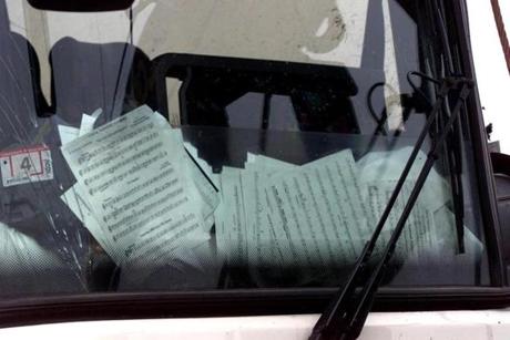 Sheet music rested in the front window of the bus involved in the fatal 2001 crash.
