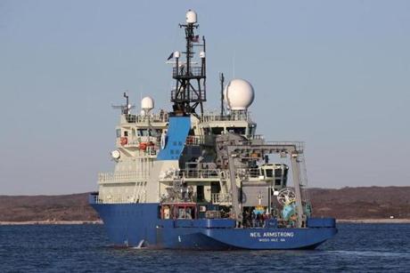WOODS HOLE MA - 4/06/2016:A view of some of the ships eletronics from the stern of the R/V Neil Armstromg getting ready to come to Woods Hole for it's arrival. Two years after famed research vessel Knorr pulled into port for the last time, the Woods Hole Oceanographic Institution is launching a new ship, a more energy-efficient vessel with more sophisticated technology. At Woods Hole, the nation's newest research vessel, the Neil Armstrong, arrived at its new home port for the first time. The vessel is one of just seven in the nation's academic research fleet (David L Ryan/Globe Staff Photo) SECTION: METRO TOPIC 07woodshole
