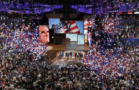 Republican presidential nominee Mitt Romney and vice presidential nominee Rep. Paul Ryan are join on the stage by their families at the end of the Republican National Convention in Tampa, Fla., on Thursday, Aug. 30, 2012. (AP Photo/Patrick Semansky)
