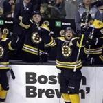 Patrice Bergeron reacted to the replay screen during the Bruins? game against the Panthers on March 24.