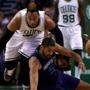 Boston, MA - 04/11/16 - (1st quarter) Boston Celtics center Jared Sullinger (7) and Charlotte Hornets guard Nicolas Batum (5) chase a loose ball during the first quarter. The Boston Celtics take on the Charlotte Hornets at TD Garden. - (Barry Chin/Globe Staff), Section: Sports, Reporter: Adam Himmelsbach, Topic: 12Celtics-Hornets, LOID: 8.2.2551744503. 