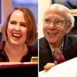 Composer Erin Murray Quinlan and author Larry Ruttman at a reading of ?Jews on First?? at Temple Shalom in Newton.