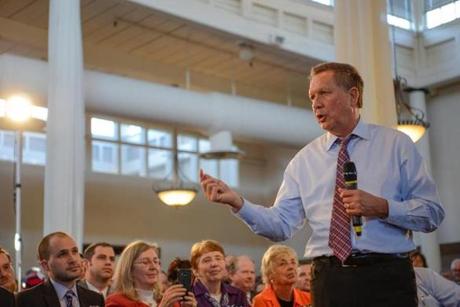 John Kasich addresses a town hall meeting in Savage, Md., on April 13. 
