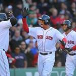 Xander Bogaerts (center) was congratulated by David Ortiz (left) after he hit a three-run homer in the third inning Saturday.