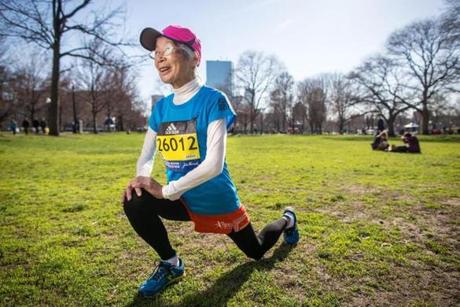 Yoko Nakano of Japan, who has competed in 21 marathons, is ready to run the Boston Marathon Monday in the 80-plus category.
