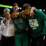 Celtics guard Avery Bradley injured his hamstring in the fourth quarter of Game 1 against the Hawks.