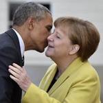 German Chancellor Angela Merkel welcomed President Obama to Schloss Herrenhausen, the former royal palace in Hanover, on Sunday as the president began a two-day visit.