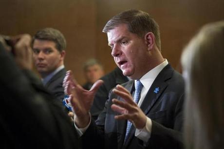 Mayor Martin J. Walsh spoke with members of the media after attending the Boy Scouts of America Urban Scouting breakfast at the Westin Boston Waterfront hotel on Monday morning. 
