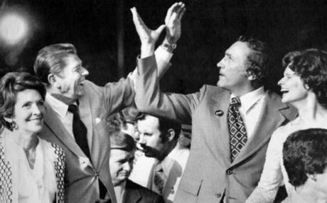 Republican presidential candidate Ronald Reagan and his running mate Senator Richard Schweiker in Kansas City, Mo., in 1976.
