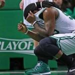 04/28/16: Boston, MA: The Celtics Jae Crowder (99) reacts after he fouled out of the game in the fourth quarter, ending his game as well as his season. The Boston Celtics hosted the Atlanta Hawks in Game Six of an NBA Eastern Conference Quarter Final Playoff basketball game at the TD Garden. (Globe Staff Photo/Jim Davis) section:sports topic:Celtics-Hawks