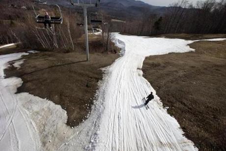 Newry, Maine-May 1, 2016- Last day of skiing at Sunday River Ski Resort- Ribbons of snow near the base.
