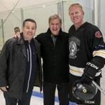 From left: Ken Casey, Bobby Orr, and Brian Leetch at the Claddagh Fund celebrity hockey tournament.
