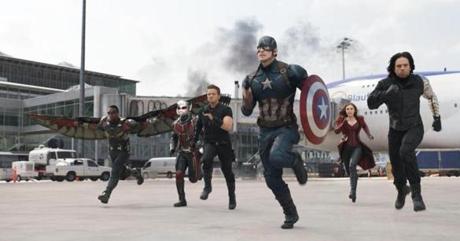 From left: Anthony Mackie, Paul Rudd, Jeremy Renner, Chris Evans, Elizabeth Olsen, and Sebastian Stan in ?Captain America: Civil War.?
