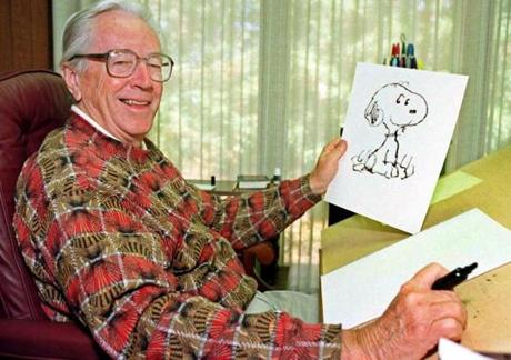 Charles Schulz ? and Snoopy ? in his office in 1997.
