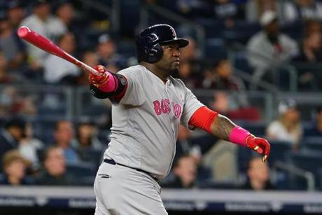 NEW YORK, NY - MAY 08: David Ortiz #34 of the Boston Red Sox connects on his second solo home run of the game in the seventh inning against the New York Yankees at Yankee Stadium on May 8, 2016 in the Bronx borough of New York City. (Photo by Mike Stobe/Getty Images)
