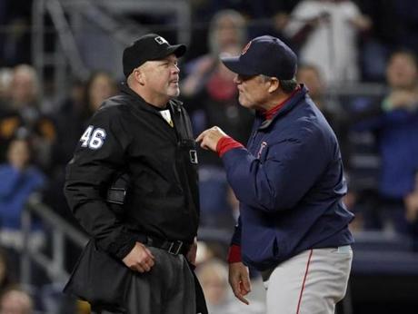 May 6, 2016; Bronx, NY, USA; Boston Red Sox manager John Farrell (53) argues with home plate umpire Ron Kulpa (46) after being ejected against the New York Yankees during the ninth inning at Yankee Stadium. The Yankees won 3-2. Mandatory Credit: Adam Hunger-USA TODAY Sports
