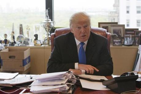Republican presidential candidate Donald Trump speaks during an interview with The Associated Press in his office at Trump Tower, Tuesday, May 10, 2016, in New York. (AP Photo/Mary Altaffer)
