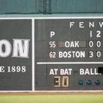 Runs for the Boston Red Sox are tacked on to the Green Monster scoreboard at Fenway Park on Tuesday.