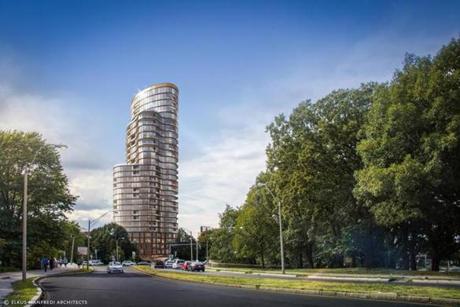 A 340-foot tower on Charlesgate West being proposed by Trans National Properties.
