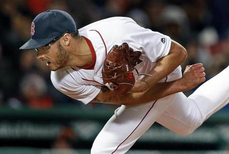 04/13/16: Boston, MA: Red Sox starting pitcher Joe Kelly fires a pitch. The Boston Red Sox hosted the Baltimore Orioles in a regular season Major League Baseball game. (Globe Staff Photo/Jim Davis) section:sports topic:Red Sox-Orioles
