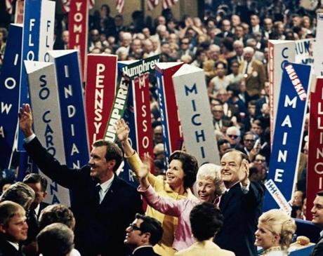 Vice President Hubert Humphrey, right, and and his running mate, Sen. Edmund S. Muskie, left, with their wives at the Democratic Convention in Chicago following their nomination for president and vice president Aug. 29, 1968. (AP Photo)
