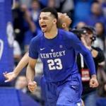 NASHVILLE, TN - MARCH 13: Jamal Murray #23 of the Kentucky Wildcats celebrates after the 82-77 OT win over the Texas A&M Aggies in the Championship Game of the SEC Basketball Tournament at Bridgestone Arena on March 13, 2016 in Nashville, Tennessee. (Photo by Andy Lyons/Getty Images)