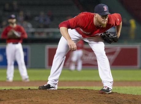 Boston, Ma-May 13 2016- Globe Staff Photo by Stan Grossfeld- Red Sox closer Craig Kimbrel pitching in the ninth inning against the Astros.
