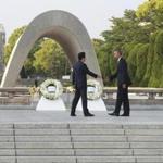 President Barack Obama and Prime Minister Shinzo Abe of Japan take part in a wreath-laying ceremony at the Hiroshima Peace Memorial in Hiroshima, Japan, May 27, 2016. Obama's visit to Hiroshima was the first by a sitting U.S. president since the atomic bomb was dropped there during World War II. During the ceremony, Obama said the bombing of the city showed that â??mankind possessed the means to destroy itself.â?? (Doug Mills/The New York Times)