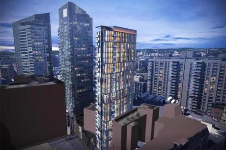 The proposed tower at 533 Washington St., shown in this rendering, would dwarf the neighboring Opera House.
