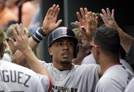 Boston Red Sox's Mookie Betts high-fives teammates in the dugout after scoring on a groundout by Xander Bogaerts in the first inning of a baseball game in Baltimore, Monday, May 30, 2016. (AP Photo/Patrick Semansky)
