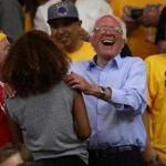 Democratic presidential candidate Bernie Sanders shared a laugh with fans during the second half of Game 7 of the NBA?s Western Conference finals.