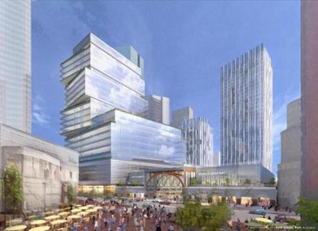 The current Back Bay station would be redeveloped as part of a massive office and residential complex by Boston Properties. Above: a rendering of the proposal.
