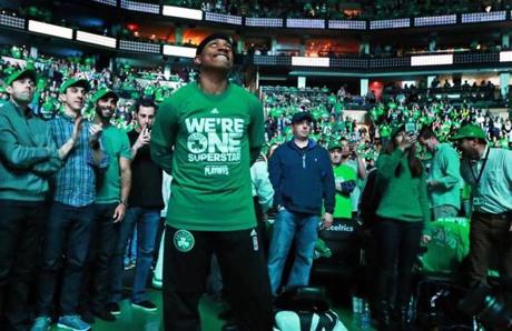 04/24/16: Boston, MA: The Celtics Isaiah Thomas is the last player introduced to the crowd during the pre game, and he always stands off alone next to the fans as he waits for his name to be called. The Boston Celtics hosted the Atlanta Hawks in Game Four of an NBA Eastern Conference Quarter Final Playoff basketball game at the TD Garden. (Globe Staff Photo/Jim Davis) section:sports topic:Celtics-Hawks
