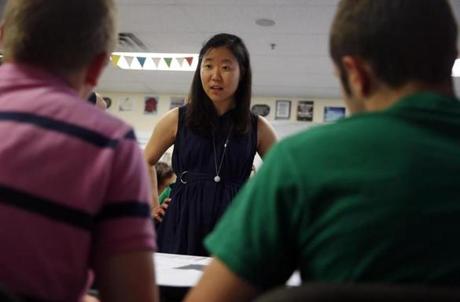 Lawyer Judith Kim explained Miranda rights to students at William J. Ostiguy High School in Boston. The Boston Bar Association aims to teach more than 1,500 students about the subject.
