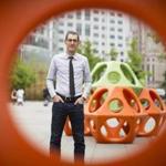 Not for other use until Magazine first publishes on 06/05/16 - 5/24/16 - Boston, MA - Sam Aquillano, cq, is the executive director of the Design Museum Foundation. He is photographed here near one of their installations, the PlayCubes, located in Chinatown Park. Topic: 060516FirstPerson(2) . Photo by Dina Rudick/Globe Staff.
