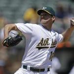 Oakland Athletics pitcher Rich Hill works against the Detroit Tigers in the first inning of a baseball game, Sunday, May 29, 2016, in Oakland, Calif. (AP Photo/Ben Margot)