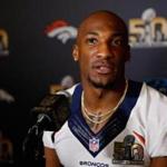 SANTA CLARA, CA - FEBRUARY 04: Aqib Talib #21 of the Denver Broncos speaks to the media during the Broncos media availability for Super Bowl 50 at the Stanford Marriott on February 4, 2016 in Santa Clara, California. The Broncos will play the Carolina Panthers in Super Bowl 50 on February 7, 2016. (Photo by Ezra Shaw/Getty Images)