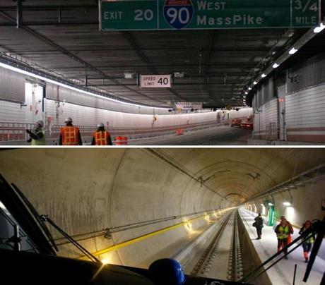 The scale of the 17-year construction project that built the 35-mile Gotthard Base Tunnel in Switzerland (bottom) brings to mind Boston?s Big Dig (top).
