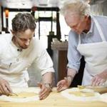 At his Cambridge restaurant, Giulia, Michael Pagliarini (left) teaches Gordon Hamersley how to make pasta from scratch. 