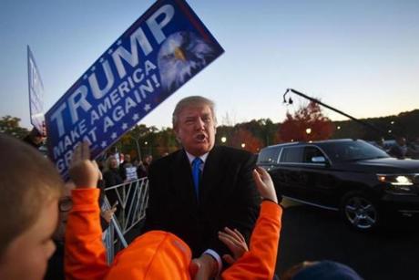 Donald Trump arrived for a campaign event at the Atkinson Country Club in Atkinson, N.H. in October 2015. 
