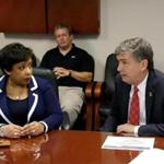 Attorney General Loretta Lynch, left, meets with U.S. Attorney Lee Bentley at the Orlando FBI office for a briefing on the Pulse nightclub mass shooting, Tuesday, June 21, 2016, in Orlando, Fla. (AP Photo/John Raoux)