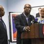 Portsmouth, NH - 06/22/2016 - Community activist Kevin Peterson of The New Democracy Coaltion, Darnell Williams of the Urban League, and retired school teacher Bob Marshall speak about the resignation for Boston Latin School's superintendent Lynne Mooney Teta in Portsmouth, NH, June 22, 2016. (Keith Bedford/Globe Staff)