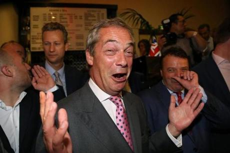 Leader of the United Kingdom Independence Party Nigel Farage celebrates in central London June 24 as results indicate that it looks likely the country will leave the European Union.

