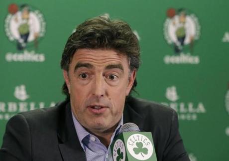 Boston Celtics owner Wyc Grousbeck speaks to media at TD Garden, Thursday, June 23, 2016, at the Celtics NBA Draft Party in Boston. The Celtics selected Jaylen Brown, a forward from California, with the third pick in the 2016 NBA draft. (AP Photo/Elise Amendola)
