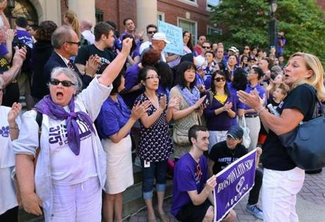 Barbara Peterlin (right) rallied Boston Latin School parents and alumni outside the school on the front steps after the two recent resignations in the administration at the school.
