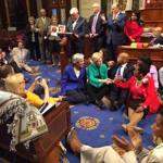 Representative Katherine Clark, Senator Elizabeth Warren, and Representative John Lewis were among those who took part in the sit-in on the House floor.
