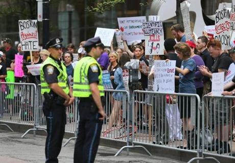 Protesters demonstrated outside the Langham Hotel in Boston?s Financial District, where Donald Trump was hosting a fund-raiser.

