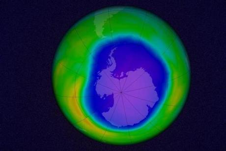 A simulation shows the Antarctic ozone hole in 2015. Scientists say the seasonal hole has opened up more slowly after an international ban on chlorofluorocarbons took effect.
