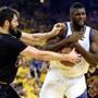 Jun 19, 2016; Oakland, CA, USA; Golden State Warriors center Festus Ezeli (31) and Cleveland Cavaliers forward Kevin Love (0) go after a rebound during the first quarter in game seven of the NBA Finals at Oracle Arena. Mandatory Credit: Bob Donnan-USA TODAY Sports
