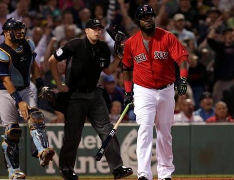 Boston, MA - 7/08/2016 - (4th inning) Boston Red Sox designated hitter David Ortiz (34) watches the flight of his solo home run during the fourth inning. The Boston Red Sox take on the Tampa Bay Rays in Game 1of a 3 game series at Fenway Park. - (Barry Chin/Globe Staff), Section: Sports, Reporter: Peter Abraham, Topic: 09Red Sox-Rays, LOID: 8.2.3564536203.
